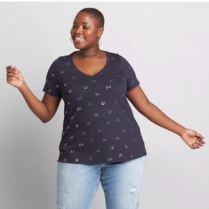 Lane Bryant 22/24 Navy Short Sleeve V-Neck Tee with Small Foil Butterfly Print